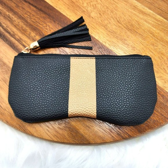 ZiGi MARAIS Zippered Pouch Black Rose Gold Striped Tassel Pull NIB New In Pouch - Picture 1 of 6
